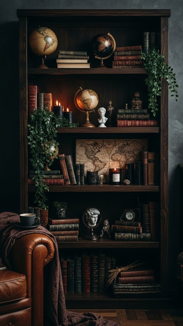 Ultimate Black Coffee Book Aesthetic 7 Cozy Decor Ideas 5 Dark academia bookshelf with antique globes, busts, and candles arranged among stacked vintage books