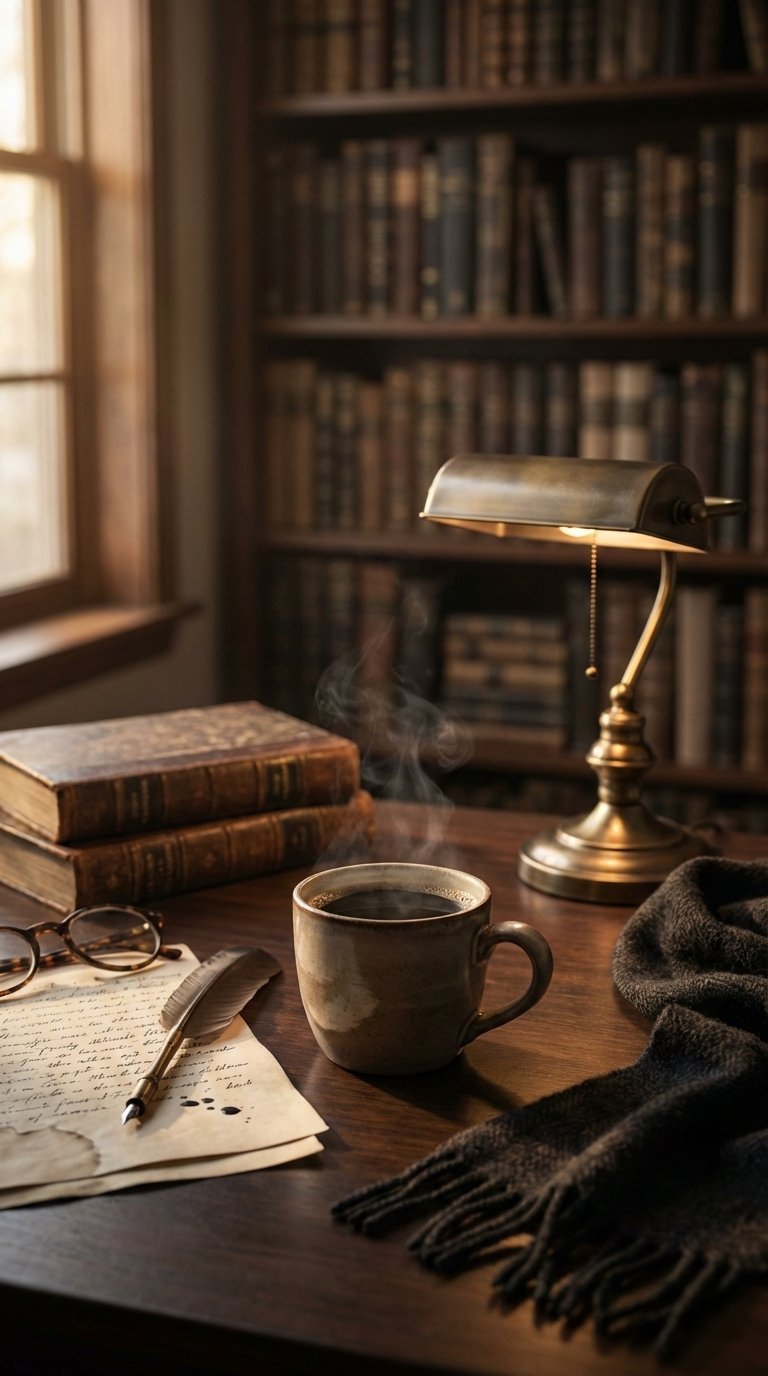 Dark academia coffee scene with vintage books and quill pen on polished wooden desk in scholarly atmosphere