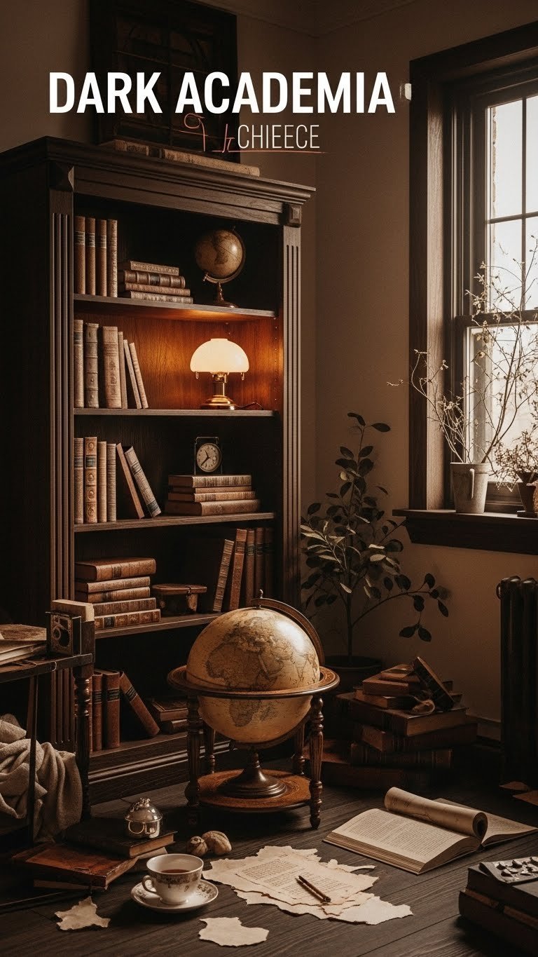 Dark academia decor featuring leather-bound books, antique globe, and warm table lamp in cozy study corner
