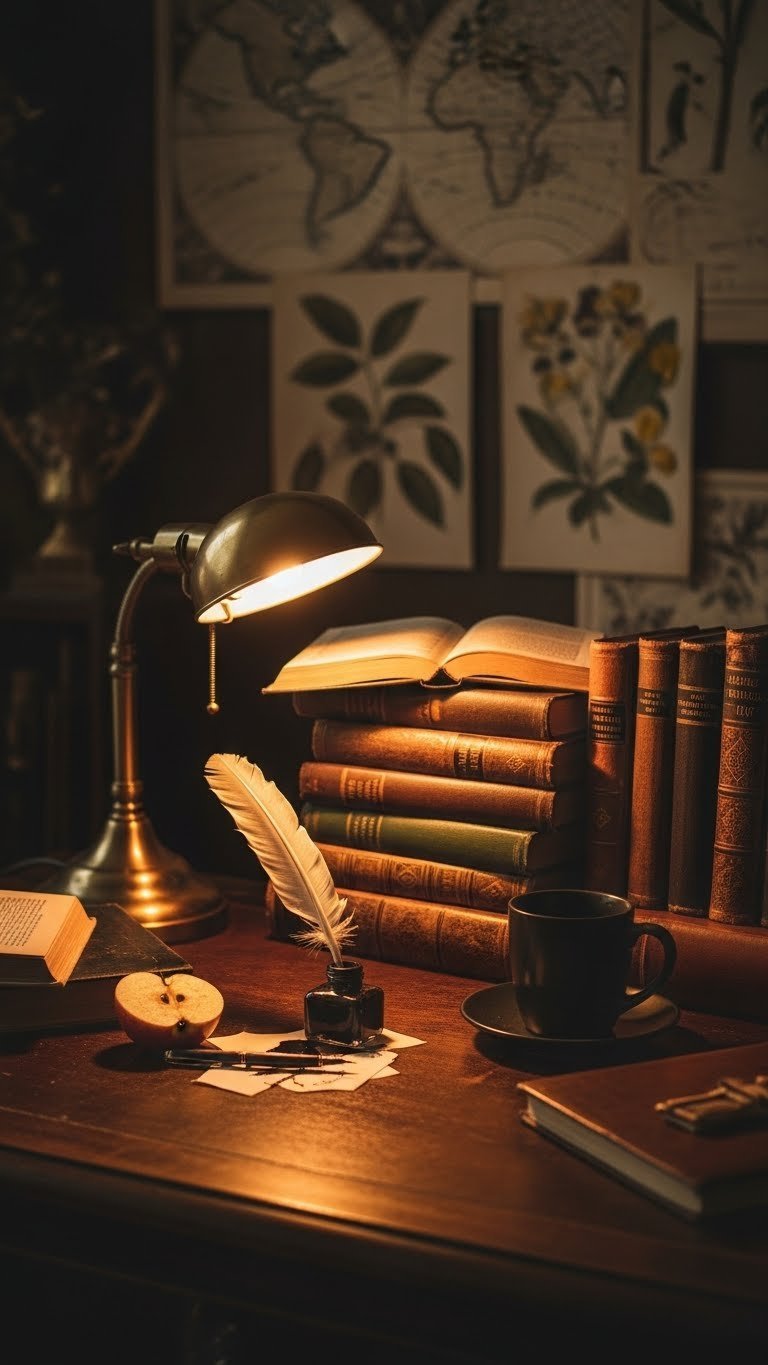 Dark academia desk scene with black coffee mug, vintage books, brass lamp, and quill pen on rich wooden surface