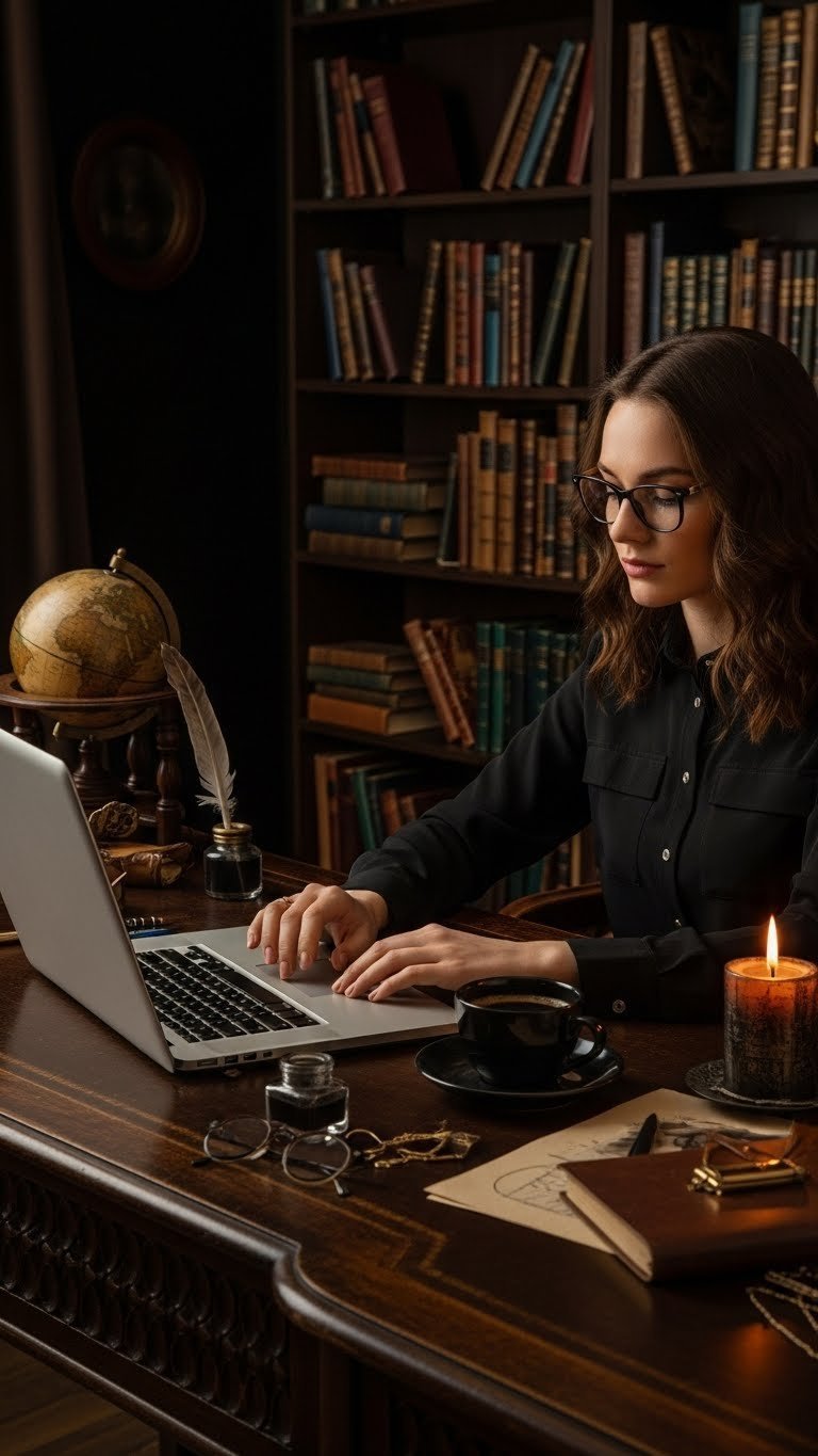 Dark academia workspace featuring laptop, antique books, and sophisticated coffee cup on carved wooden desk