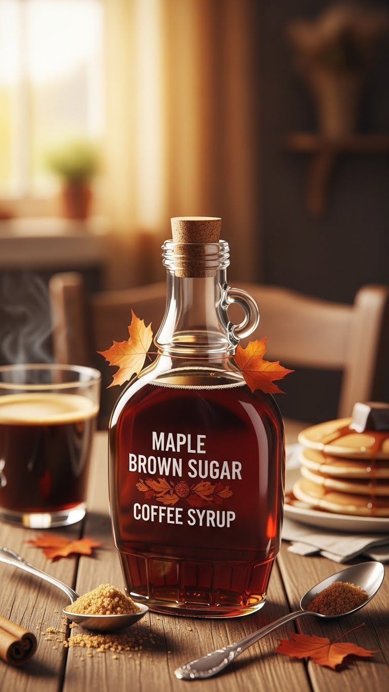 Dark amber maple brown sugar coffee syrup in antique glass bottle with maple leaves on rustic wooden breakfast table