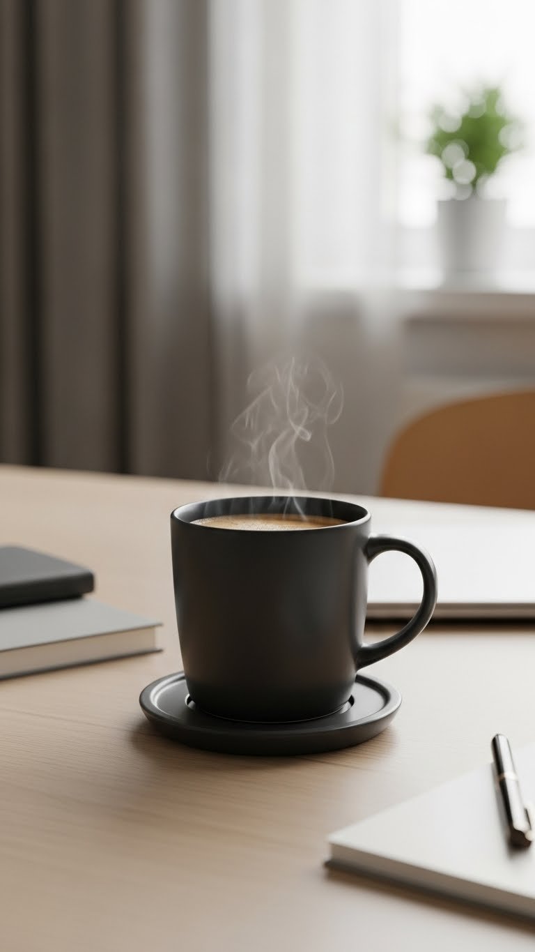 Dark ceramic coffee mug with steam rising on minimalist warmer pad on tidy home office desk setup.