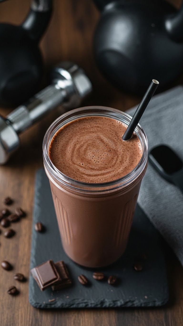 Protein Coffee Blended: Essential Guide for Smooth Energy 3 Dark chocolate recovery protein coffee shake in a frosted fitness tumbler on wood, gym equipment, coffee beans, dark chocolate.