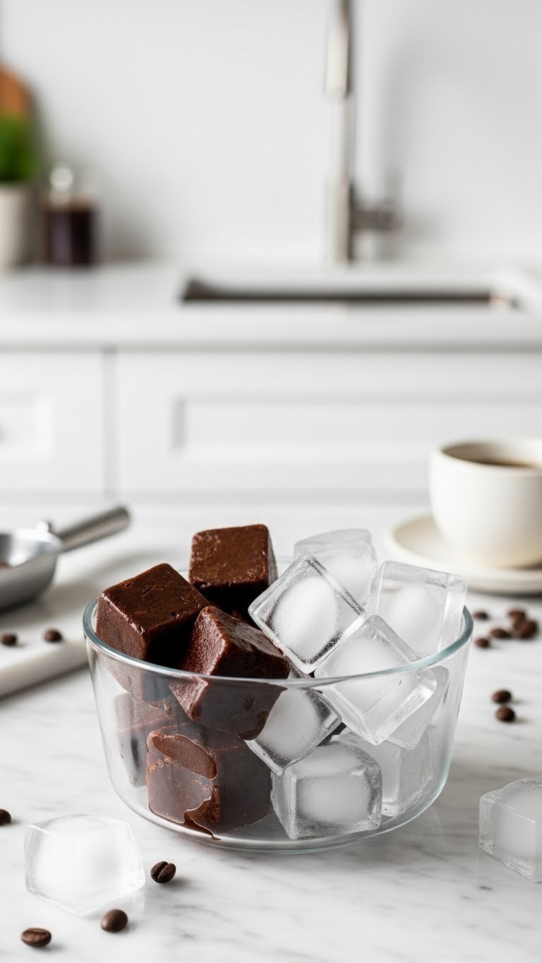 Dark coffee ice cubes contrasted with clear water ice in glass bowl on marble countertop