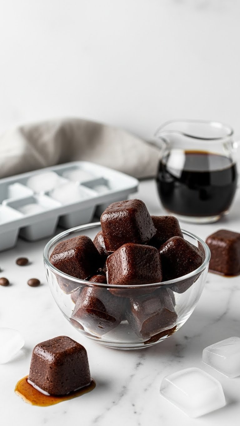 Iced Coffee with Condensed Milk: Ultimate Guide for Beginners 13 Dark coffee ice cubes in glass bowl melting slightly on marble countertop with clean ice tray and coffee beans.