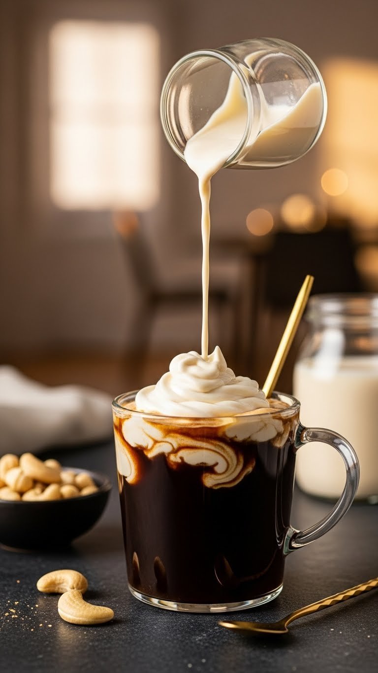 Dark coffee in clear glass mug with cashew milk creamer creating luxurious swirls on dark stone surface with cashews