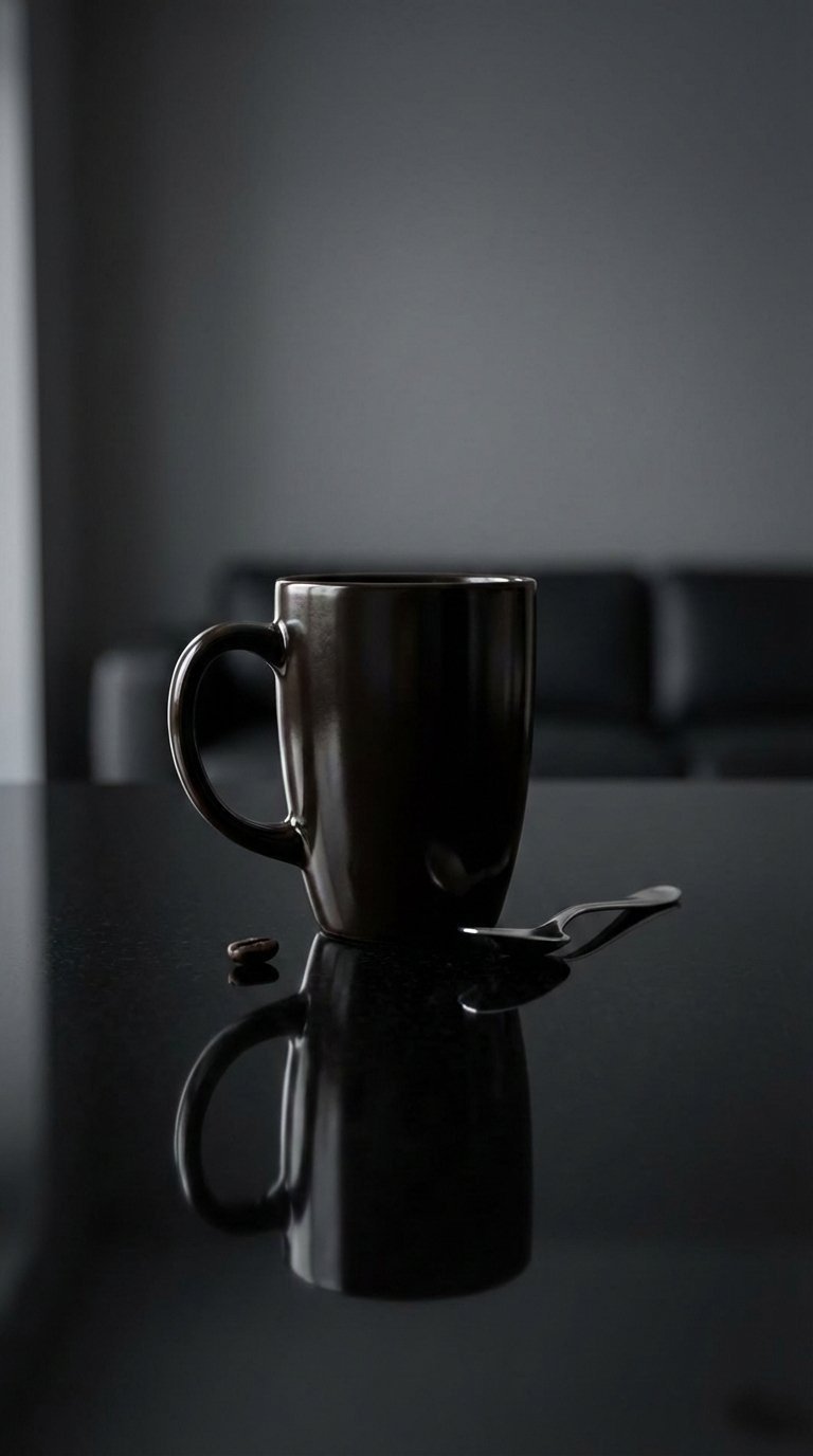 Dark coffee mug casting sharp symmetrical reflection on polished obsidian surface with dramatic side lighting