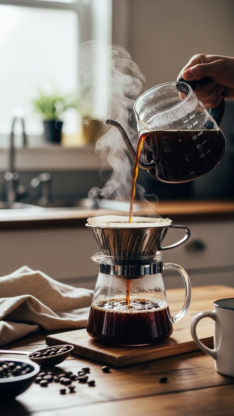Dark coffee pouring from sleek coffee maker into clear glass pitcher with steam rising on rustic wooden table with coffee beans scattered nearby