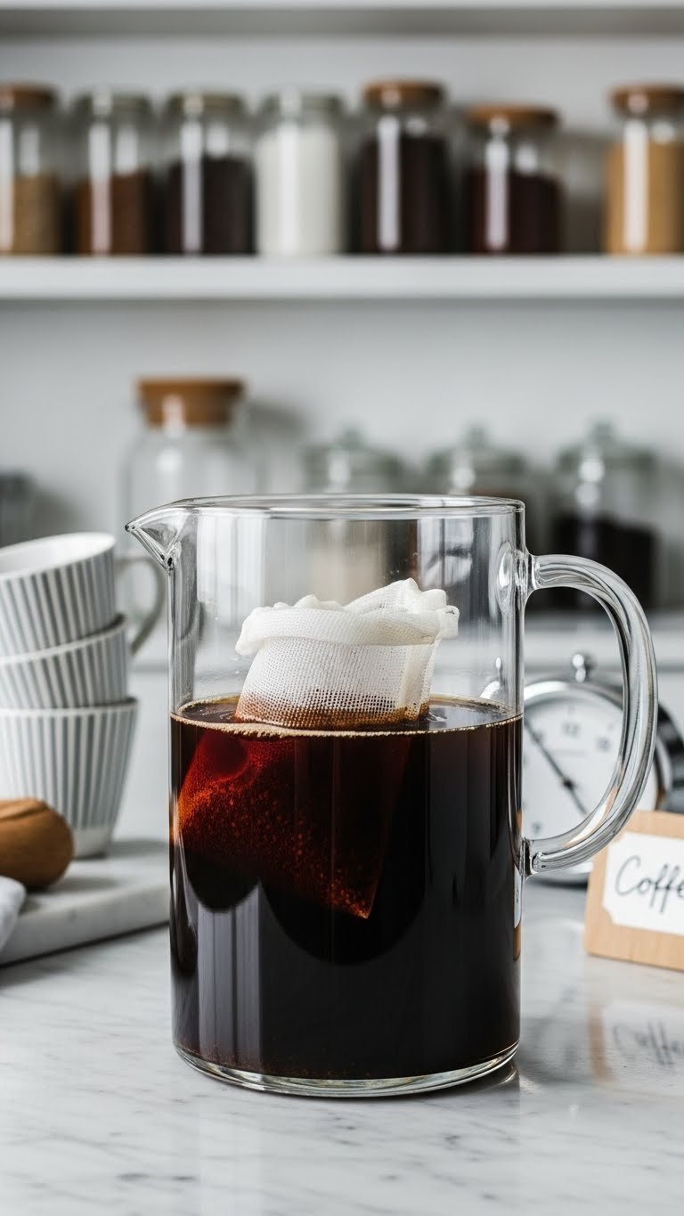Dark cold brew coffee concentrate steeping with coarse grounds in glass pitcher on marble countertop