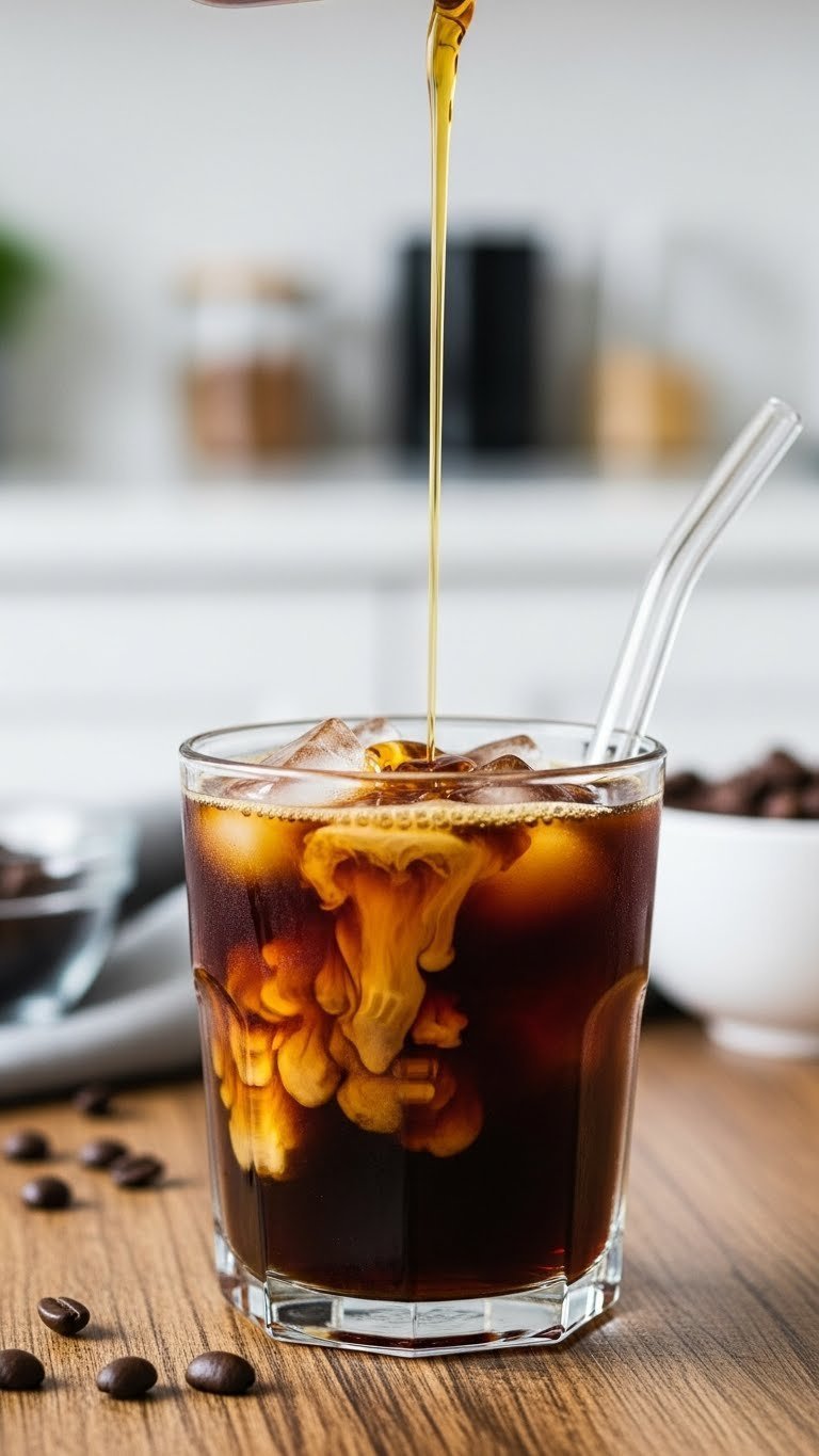 Dark cold brew coffee with golden almond syrup pouring into glass creating marbling effect on rustic wooden table