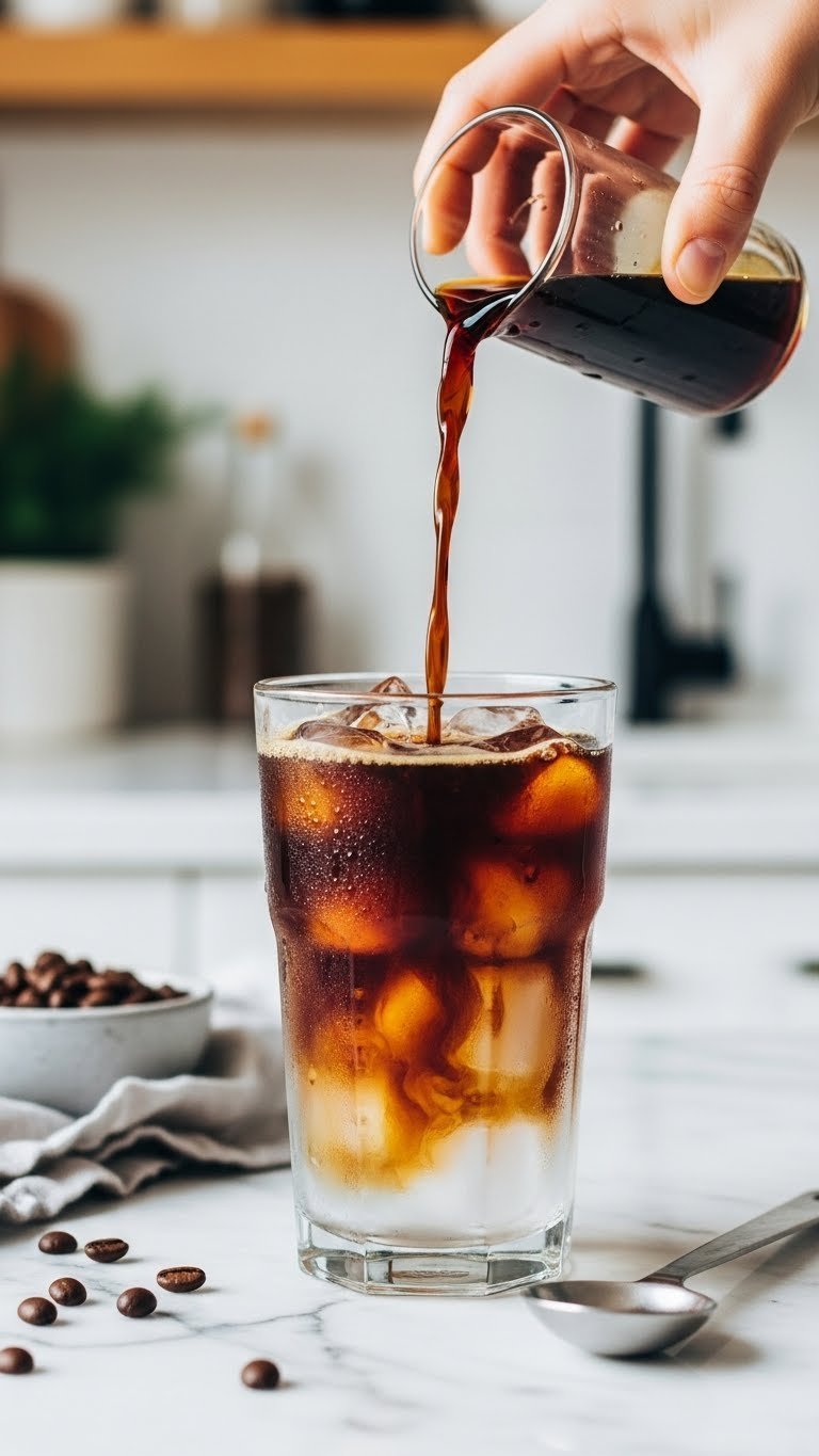 Dark cold brew concentrate pouring into ice-filled glass creating beautiful gradient effect on marble countertop