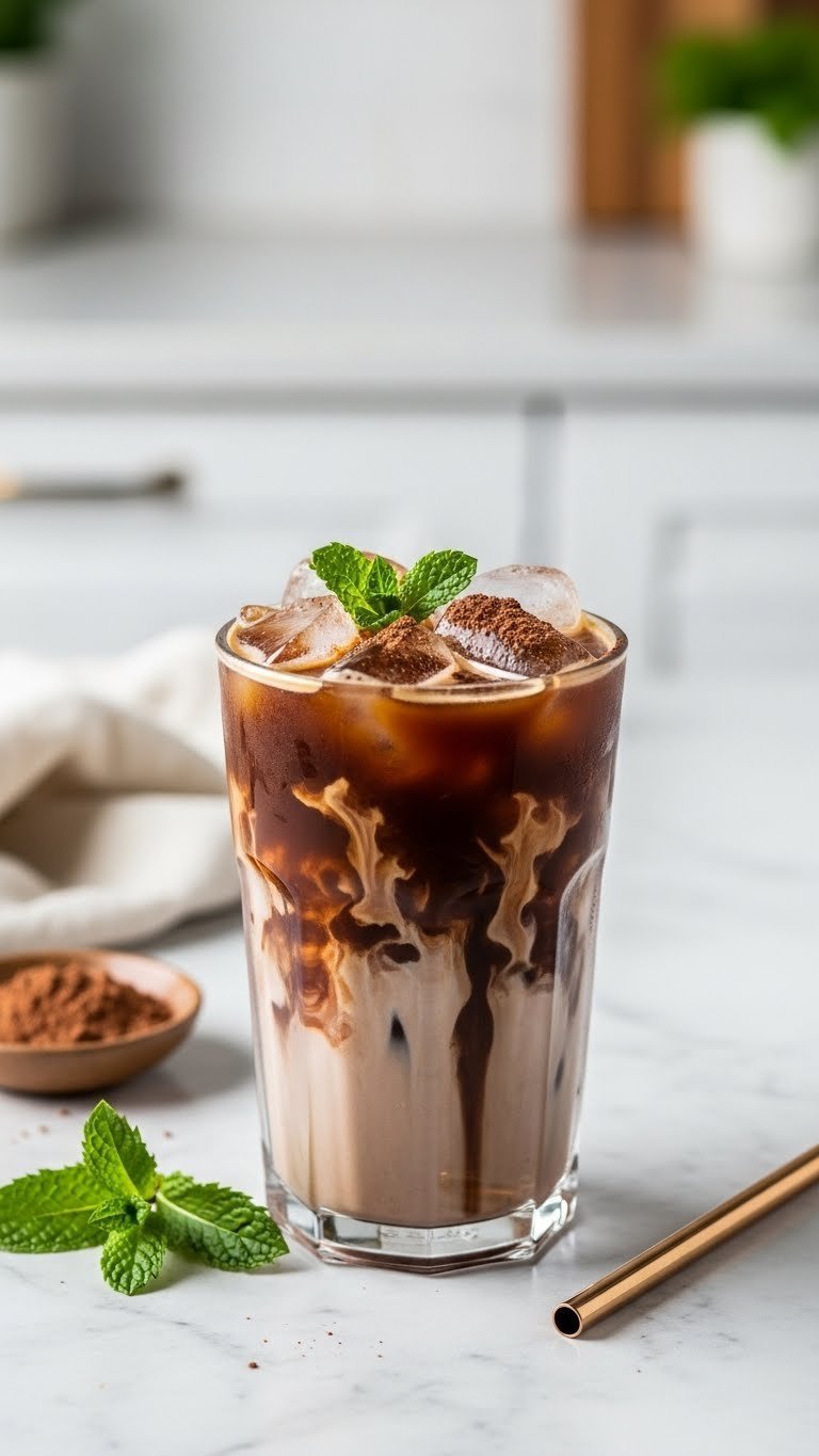 Dark dairy-free mocha cold brew with oat milk swirl, cocoa powder, and clear ice cubes on light marble countertop.