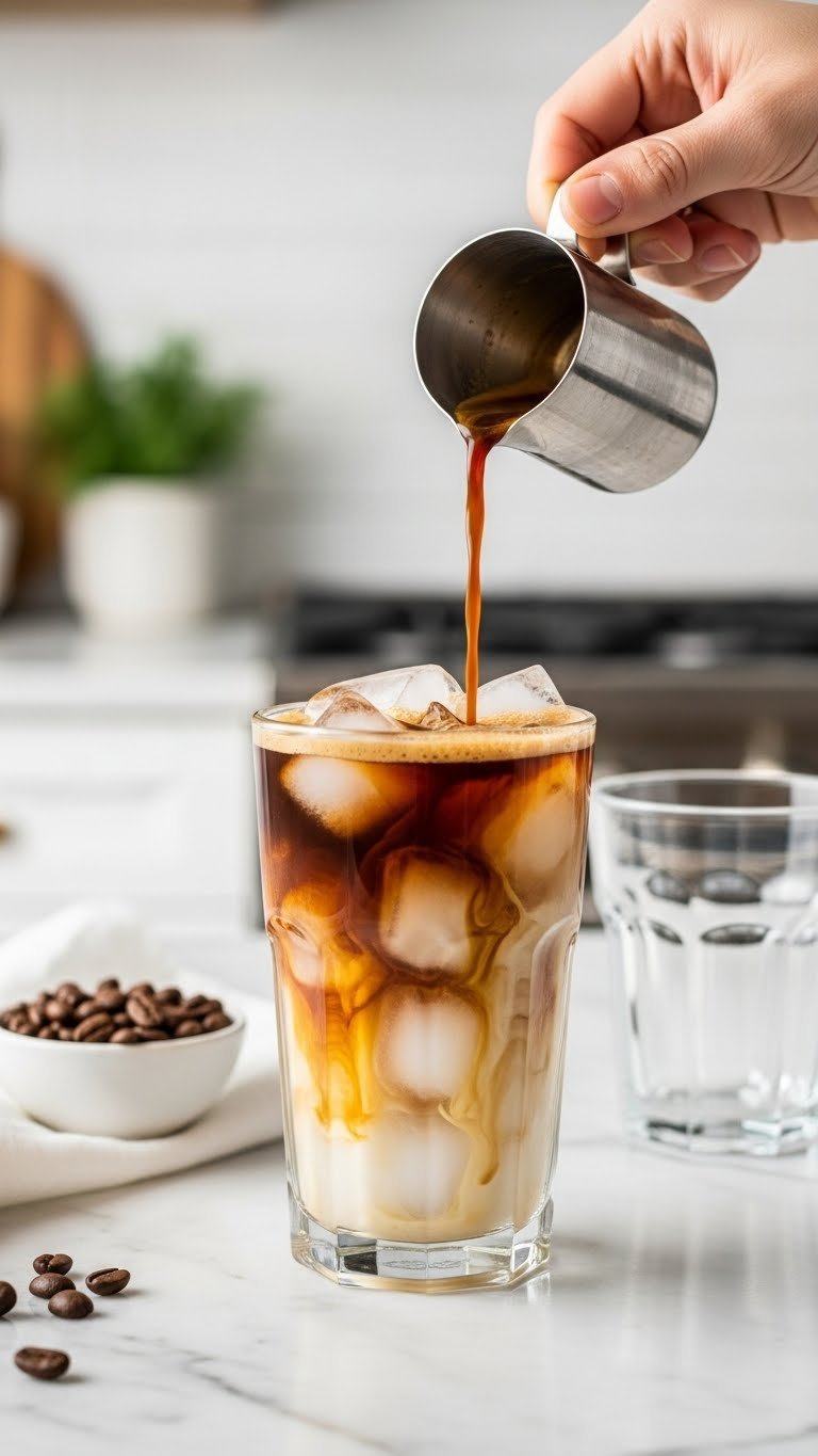 Dark espresso being poured over ice cubes in a clear glass with coffee beans on marble countertop in natural kitchen light