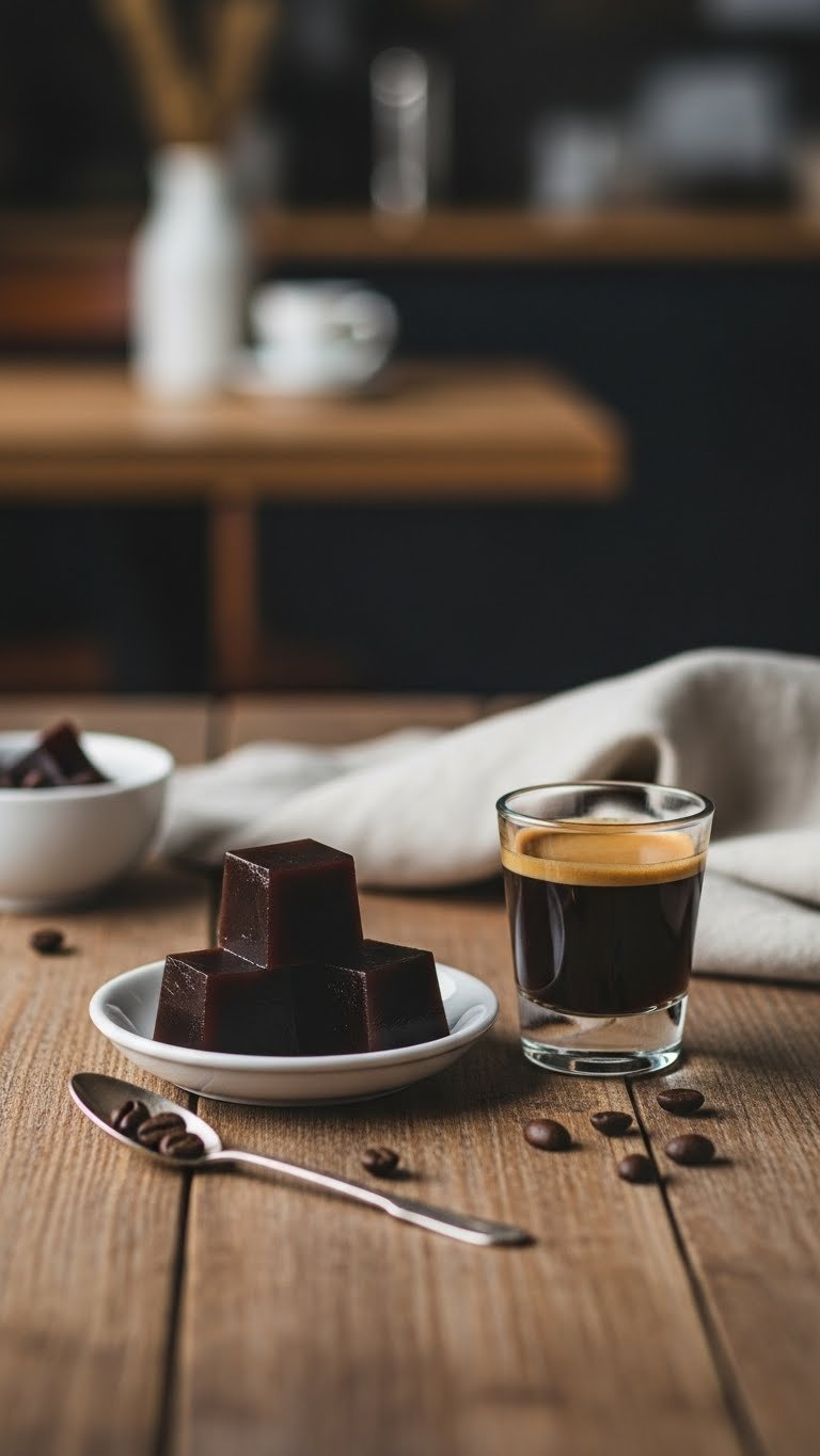 Dark espresso shot keto gelatin squares alongside fresh espresso shot glass on rustic wooden table