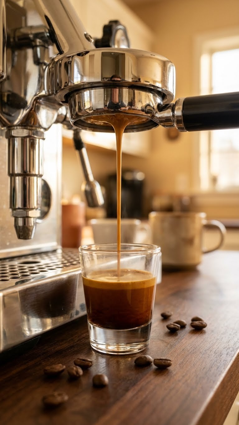 Whipped Coffee With Espresso Easy Creamy Recipe Guide 1 Dark espresso shot with thick hazelnut crema being pulled into glass shot glass on walnut countertop with coffee beans background