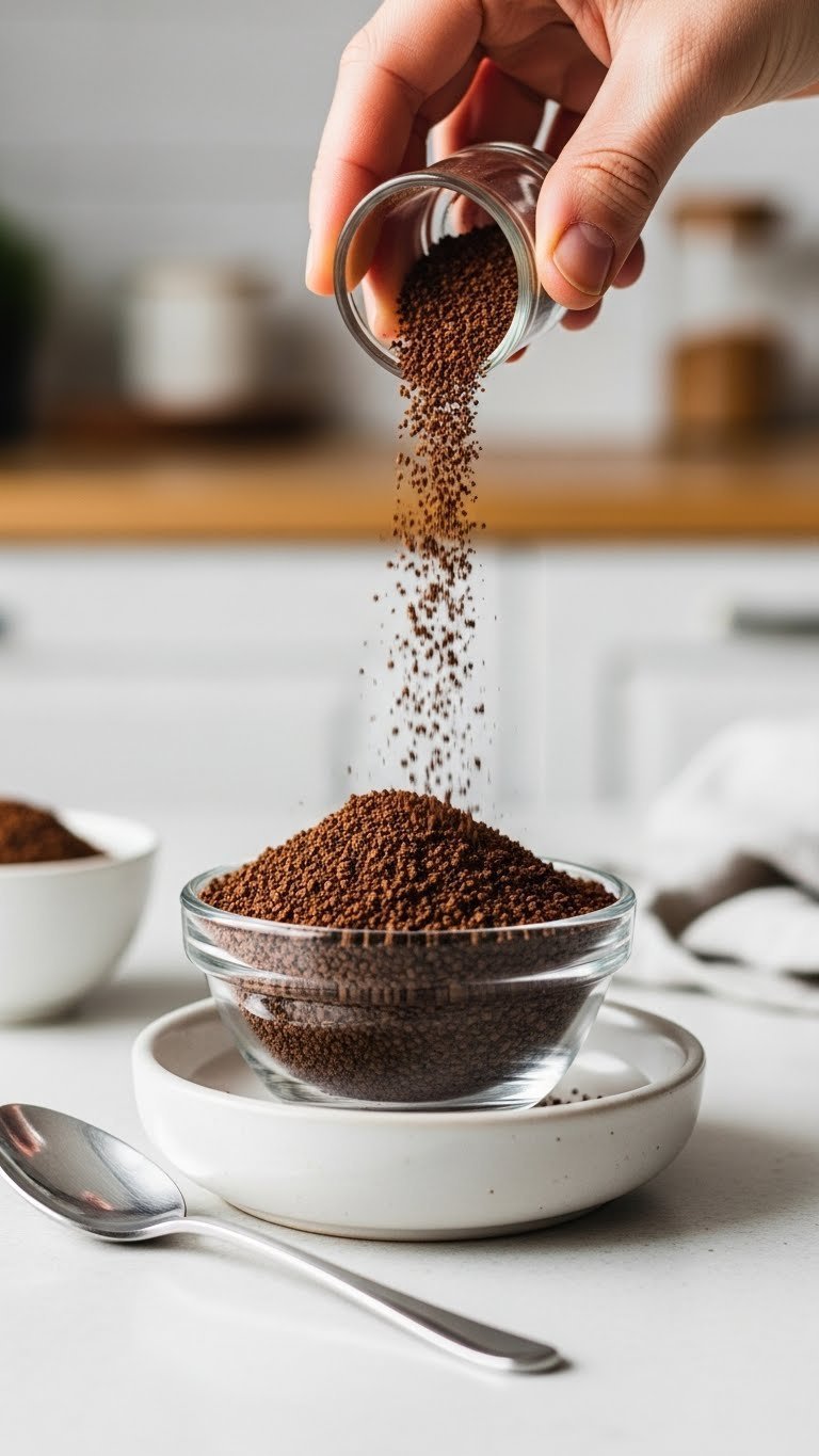 Dark instant coffee granules cascading into white ceramic bowl with silver spoon for keto dalgona coffee preparation