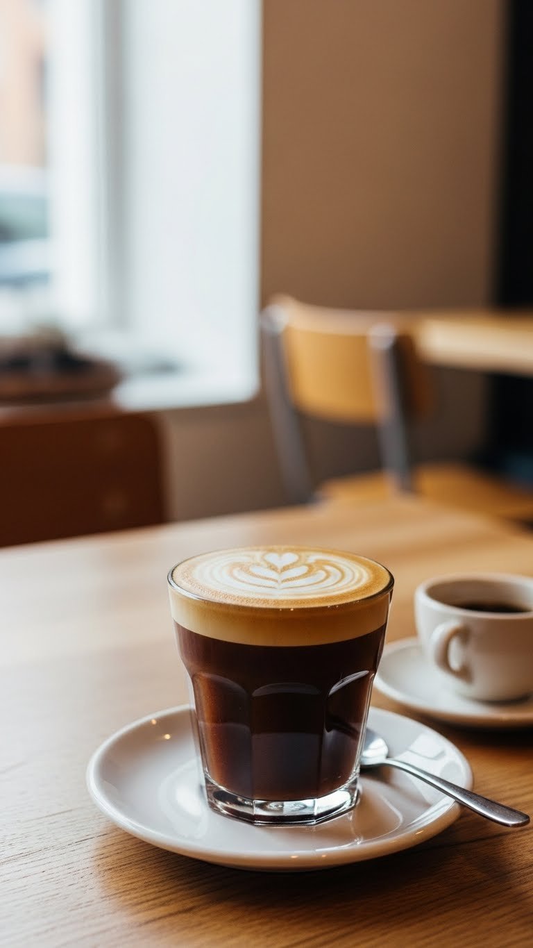 Dark keto Americano coffee with creamy swirl on rustic wooden table in cozy cafe setting with soft natural lighting.