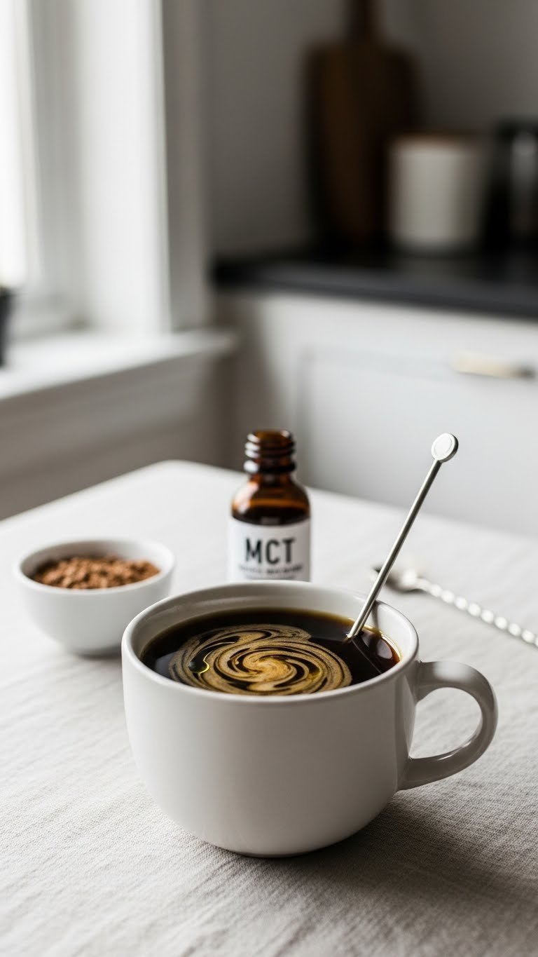 Dark keto Americano with MCT oil in minimalist mug on linen tablecloth in sophisticated kitchen setting.