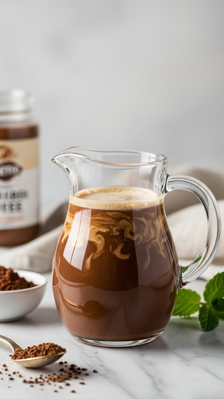 Dark keto Irish cream in glass pitcher with cocoa powder and coffee granules on marble countertop.