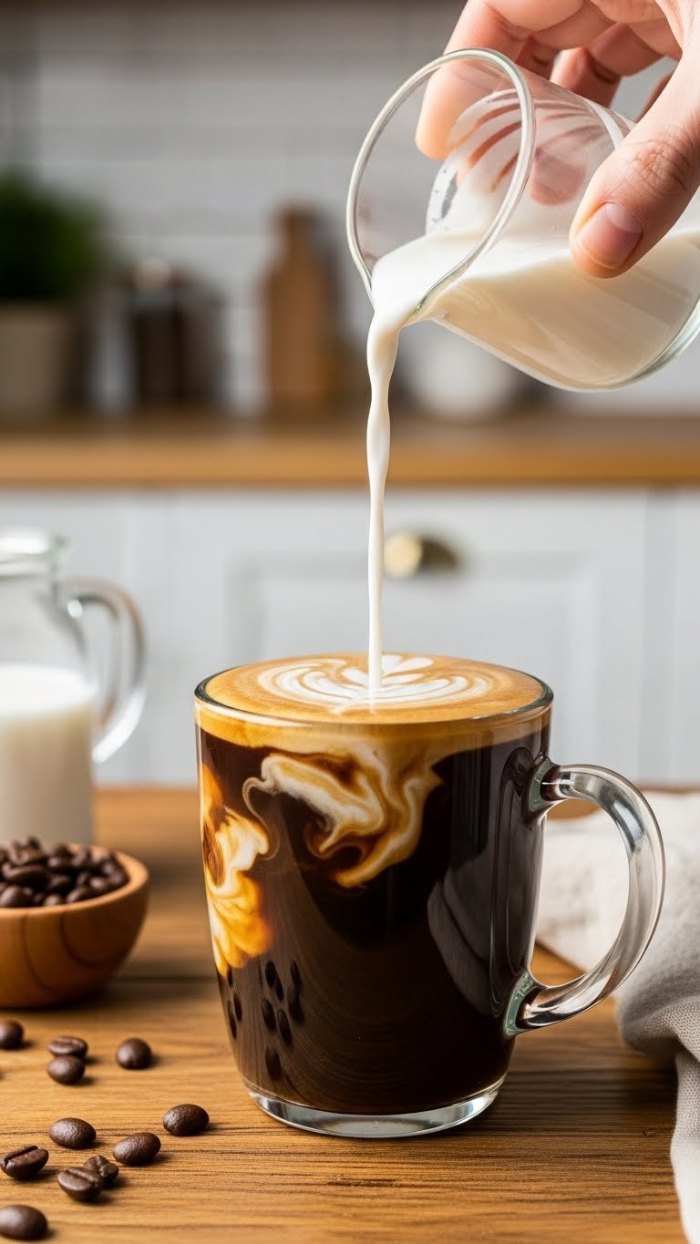 Dark keto coffee with coconut milk creamer being poured into mug on rustic wooden table with coffee beans and linen napkin