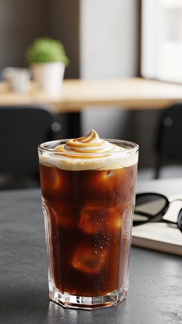 Dark keto iced coffee with caramel flavor and creamy swirl in tall glass on dark stone surface.