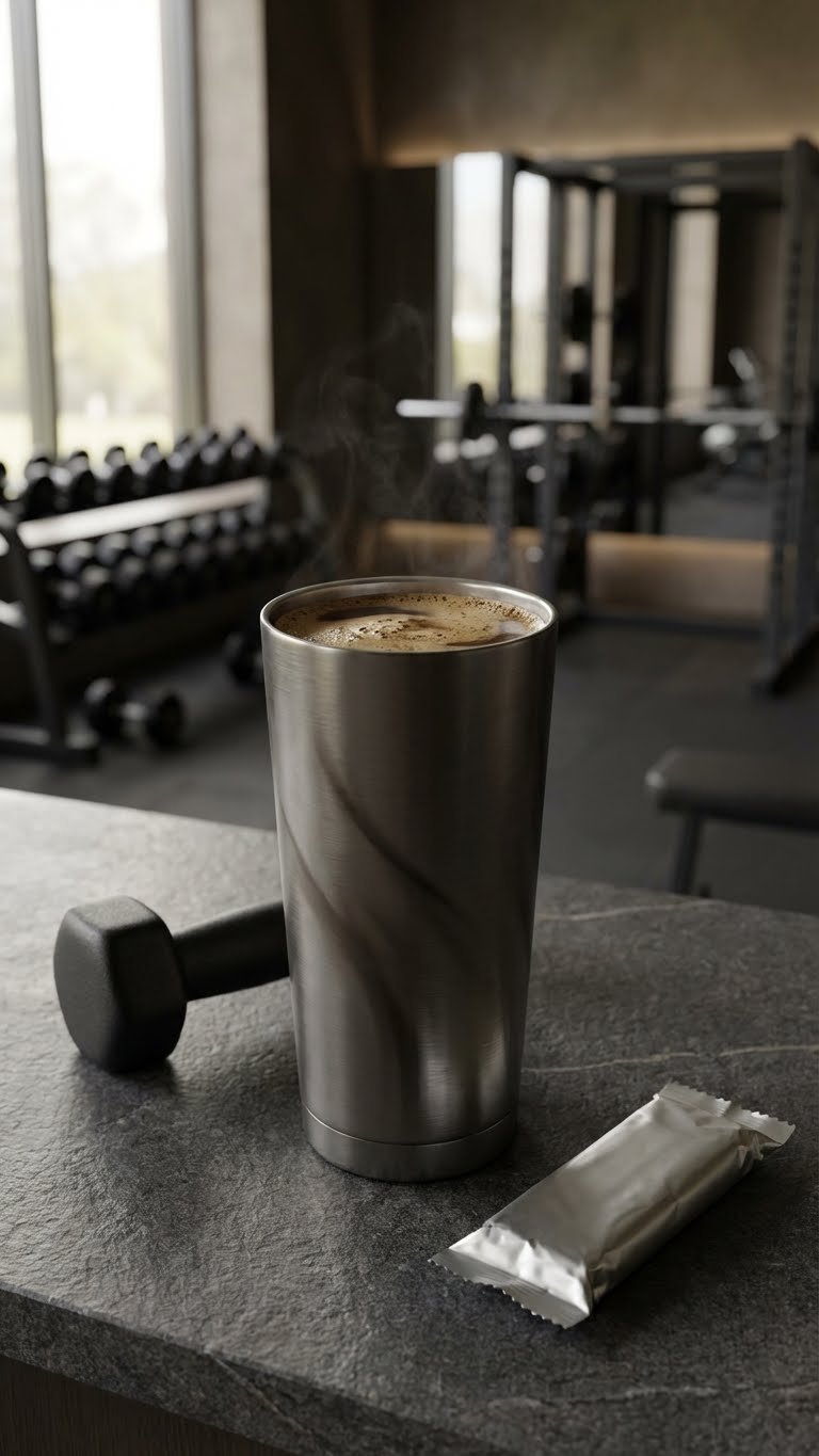 Protein Coffee: 7 Easy Recipes for Energy & Muscle 5 Dark mocha muscle builder protein coffee in an insulated tumbler on a stone surface with a blurred gym background and hand weight.
