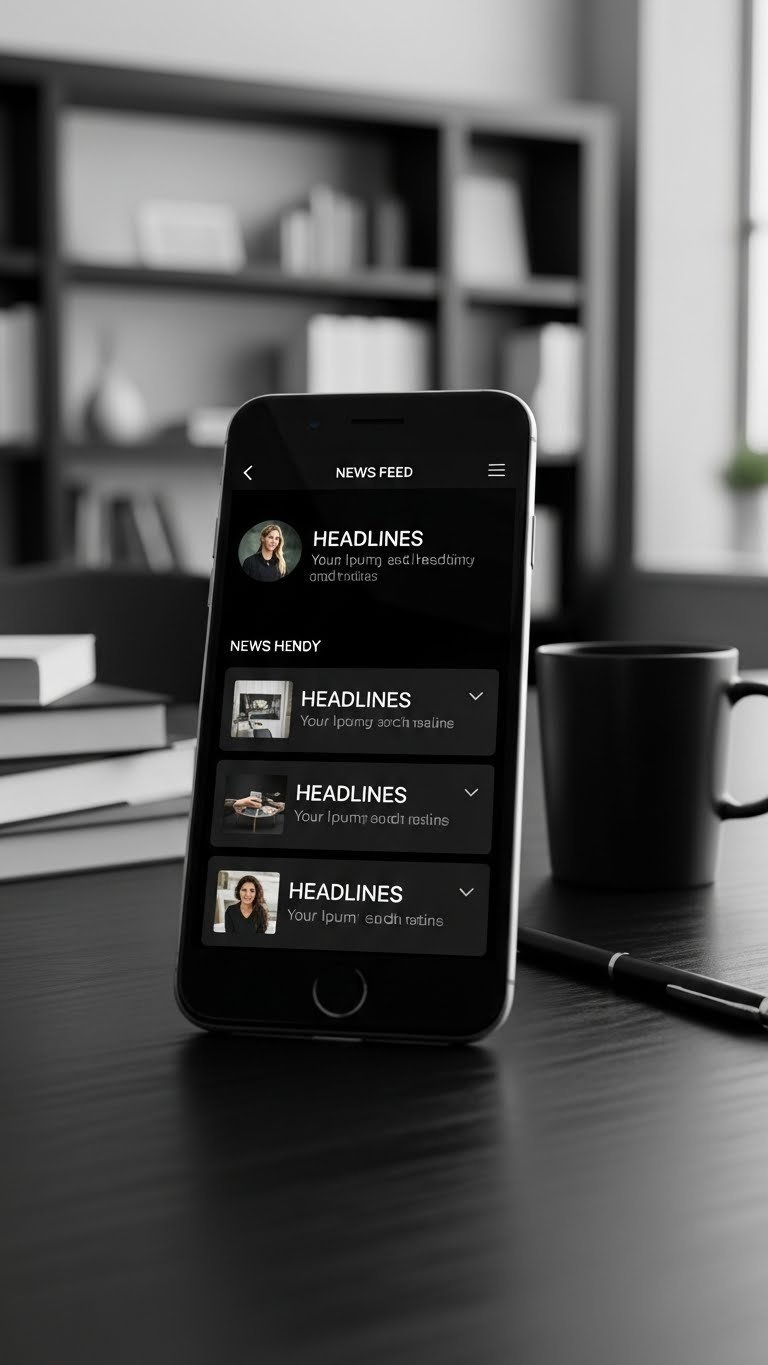 Black Coffee Aesthetic: 11 Essential Widgets for iPhone & Android 19 Dark news feed widget with minimalist headlines on smartphone screen against organized desk with books in current informative photography