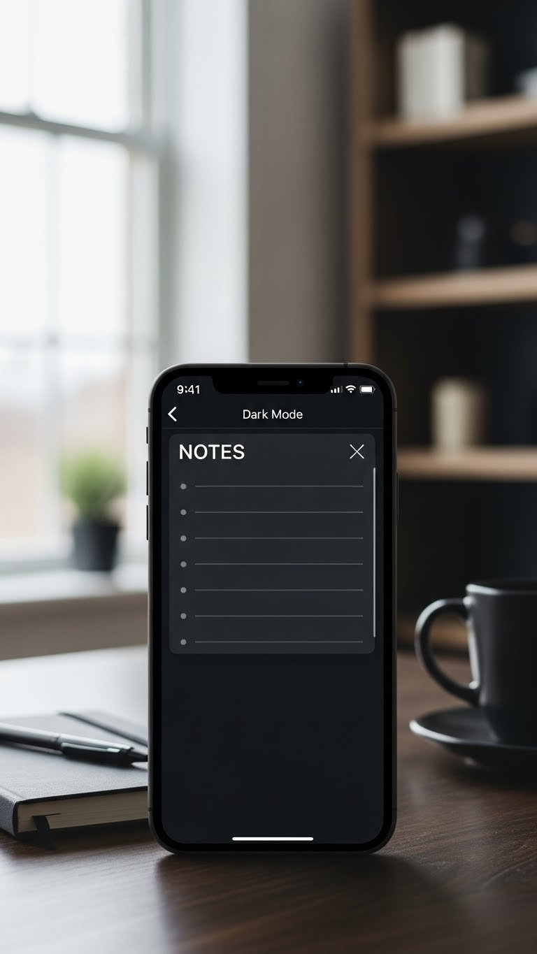 Black Coffee Aesthetic: 11 Essential Widgets for iPhone & Android 21 Dark notes widget with placeholder bullet points on smartphone screen against wooden desk with notebook in productive workspace photography