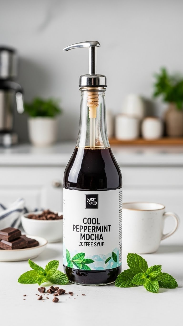 Dark peppermint mocha coffee syrup in modern glass dispenser with chocolate shavings and fresh mint on white countertop