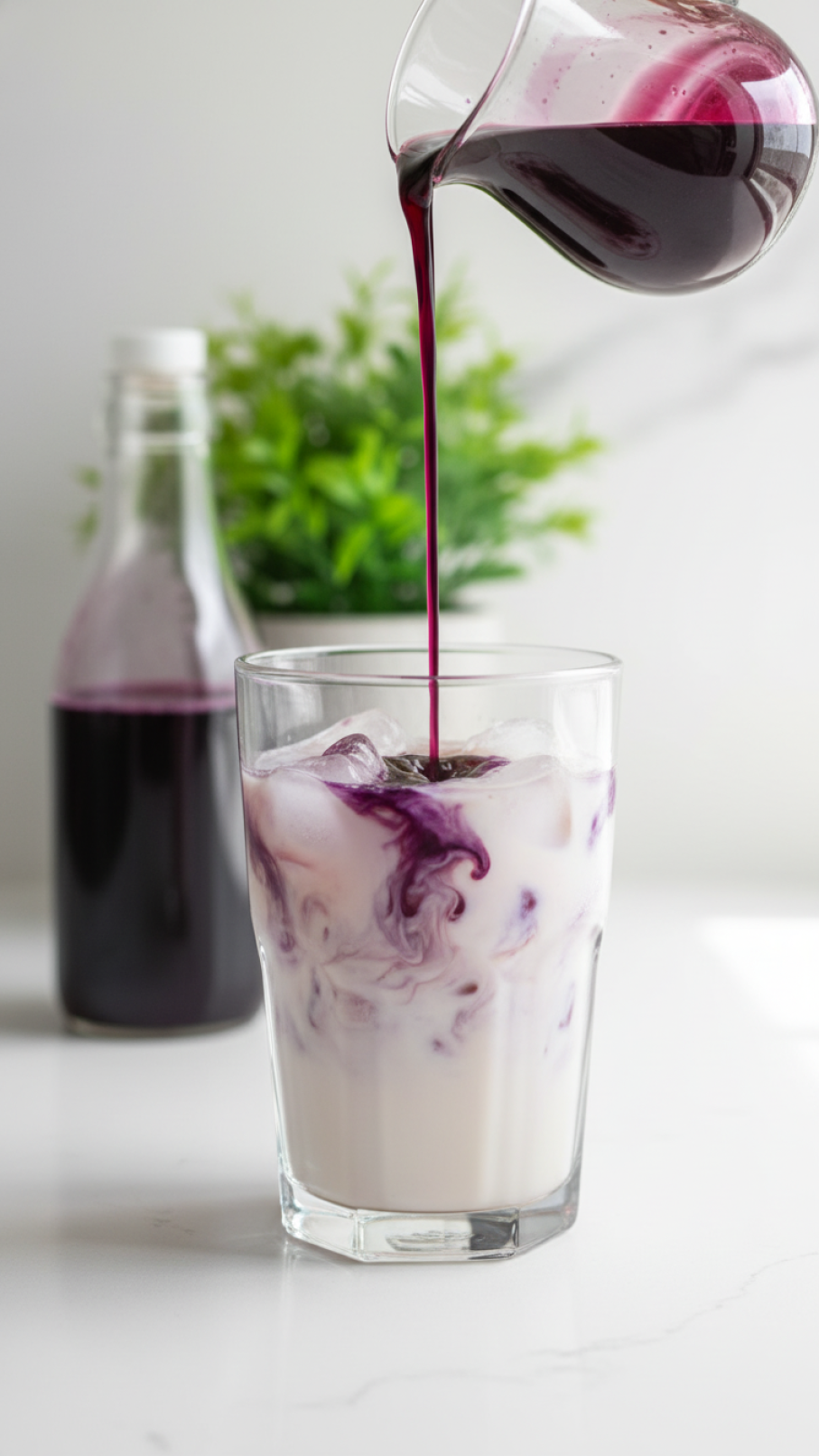 Dark purple ube syrup being poured into glass of milk and ice on white quartz countertop with natural daylight