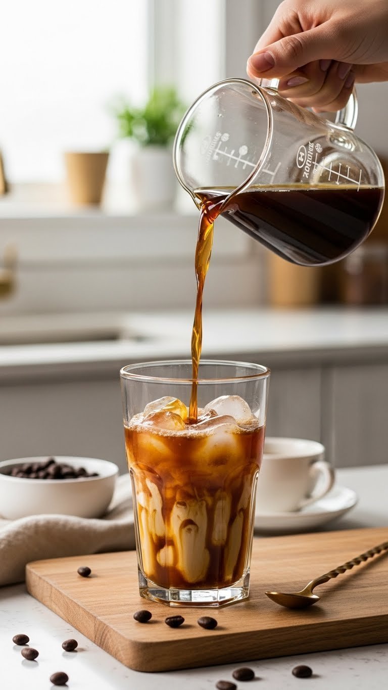 Dark rich chilled coffee being poured from glass carafe into ice-filled tumbler with caramel