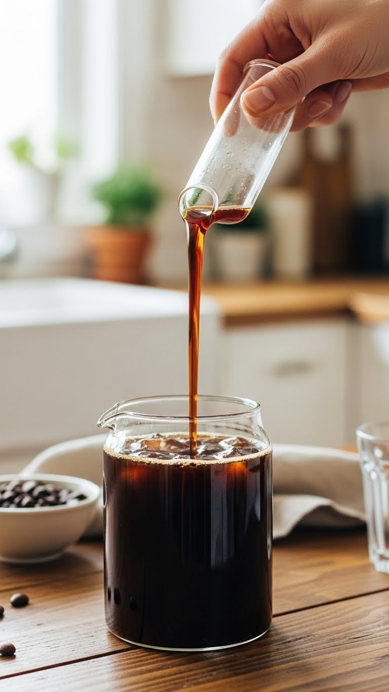 Perfect Iced Coffee Spritz Recipe: Your Essential Guide 1 Dark rich cold brew concentrate in clear glass carafe on rustic wooden table with coffee beans and soft natural lighting