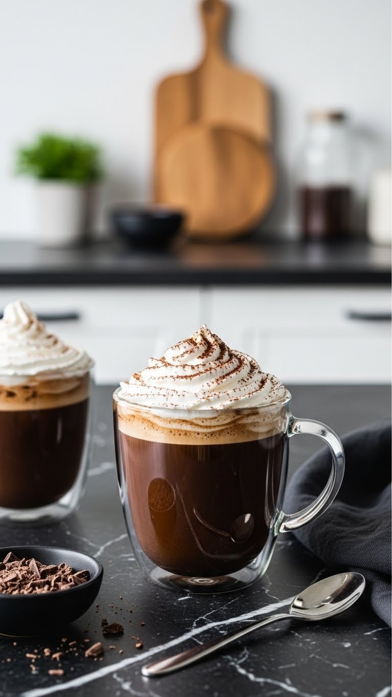 Dark rich keto mocha with whipped cream and cocoa powder in clear glass mug on marble