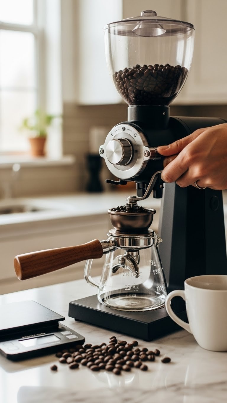 Dark roast coffee beans being ground in a burr grinder with medium-fine grounds falling into collection bin on marble countertop