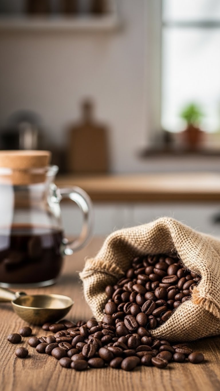Dark roast coffee beans spilling from burlap sack onto rustic wooden surface with antique coffee scoop in soft natural kitchen lighting
