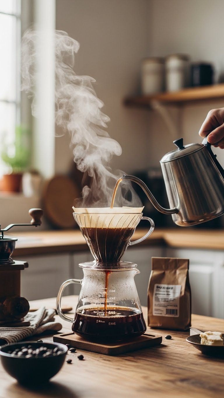 Ultimate Cookie Butter Iced Coffee: Easy Recipe for Perfection 1 Dark roast coffee brewing into clear glass carafe with steam rising against rustic wooden kitchen background
