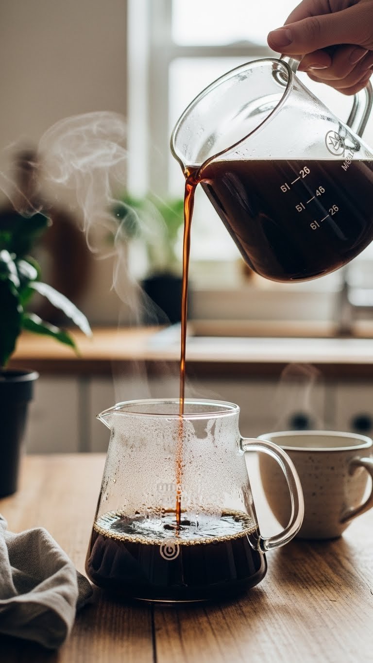 Dark roast coffee stream dripping into clear glass carafe with steam rising against rustic wooden table background