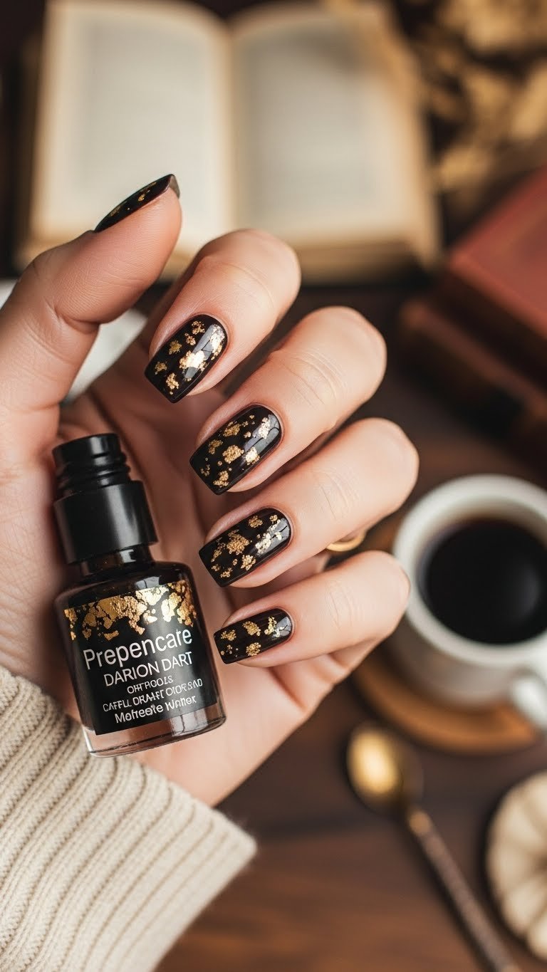 Dark roast nails embellished with scattered gold flakes resting on dark wooden surface with antique book