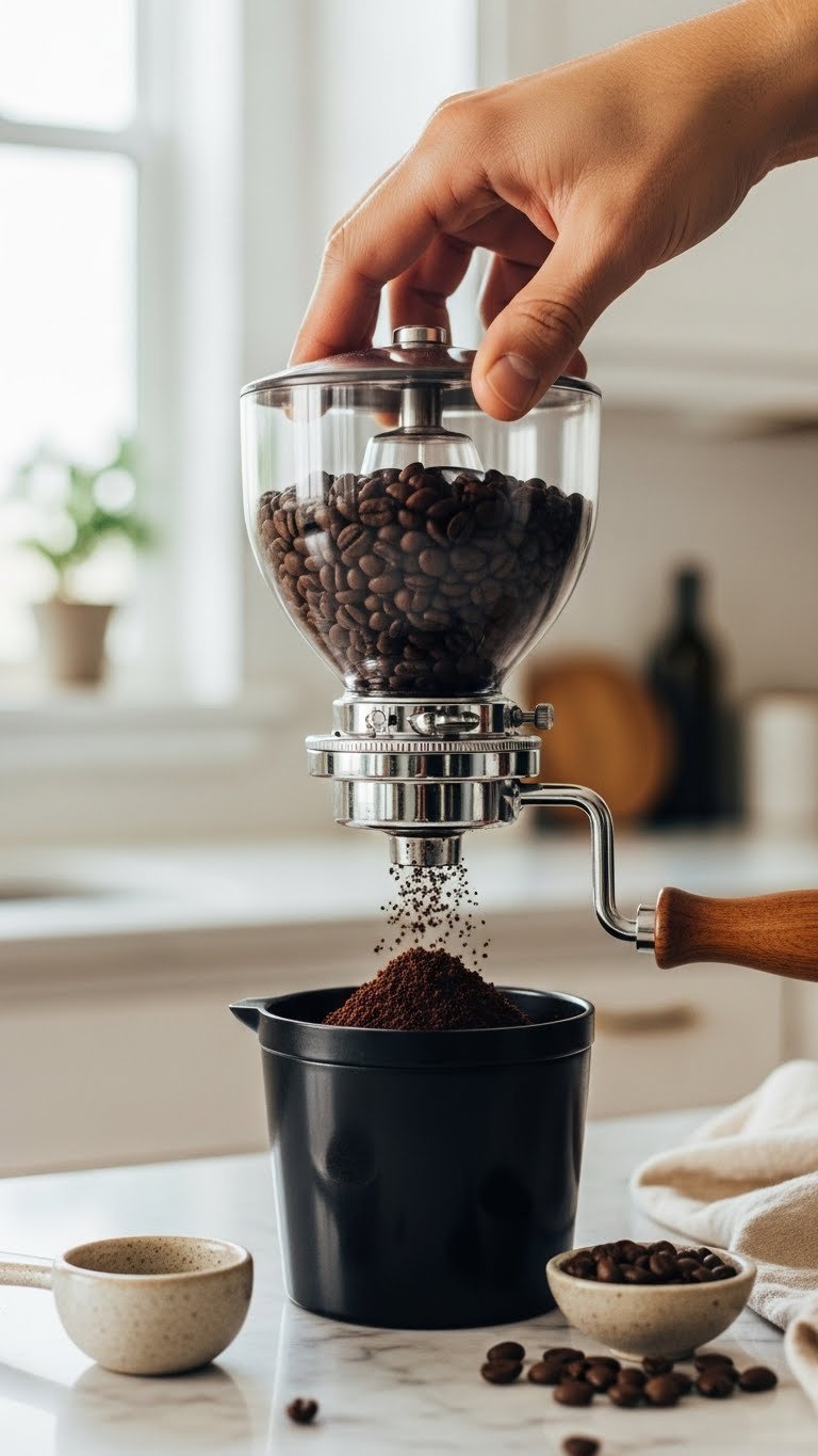 Dark roasted coffee beans being ground in modern burr grinder with fine grounds collecting in chamber on marble countertop