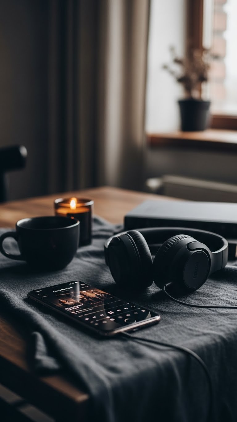 Dark smartphone displaying music playlist next to matte black headphones on textured surface