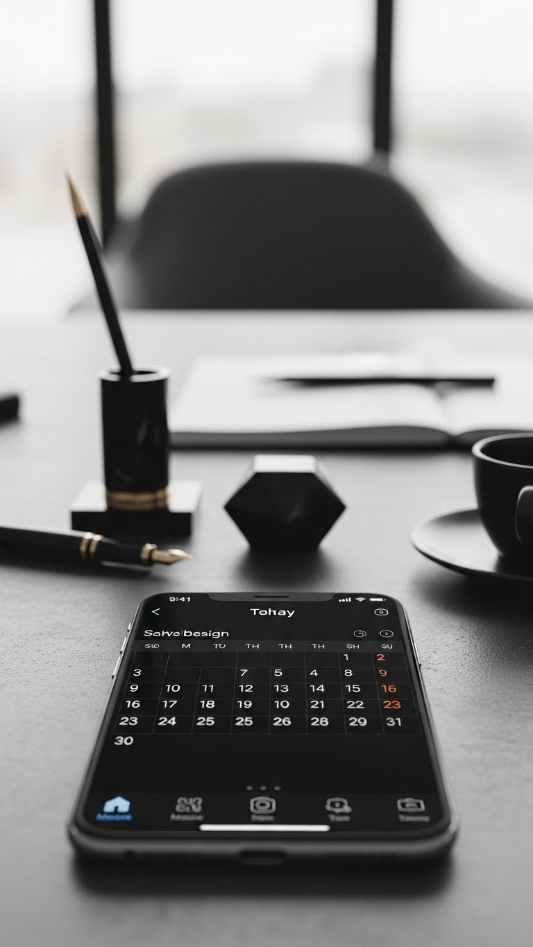 Black Coffee Aesthetic: 11 Essential Widgets for iPhone & Android 3 Dark-themed minimalist calendar widget on smartphone screen with concrete surface, fountain pen, and contemporary desk setting in clean organized workspace photography