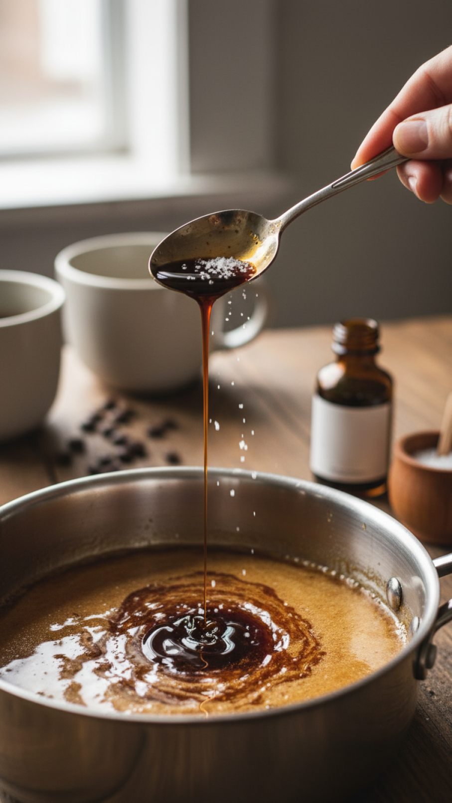 Dark vanilla extract swirling into golden brown butter coffee syrup with sea salt falling from above in rustic kitchen setting.
