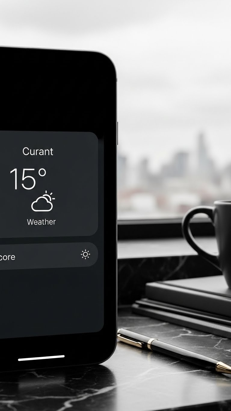Dark weather widget with minimalist icons on smartphone screen against black marble countertop with urban cityscape backdrop in informative photography