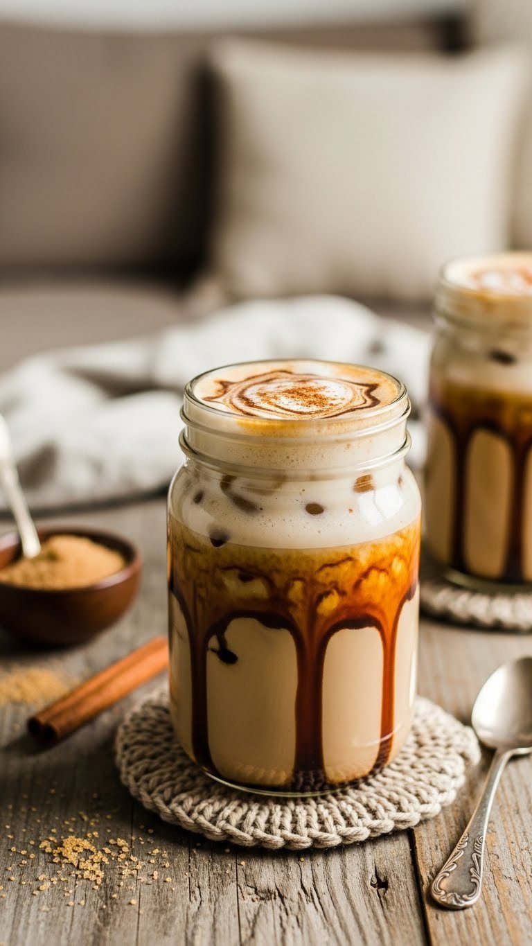 Decadent brown sugar iced oat milk latte with marble swirl effect and cinnamon topping