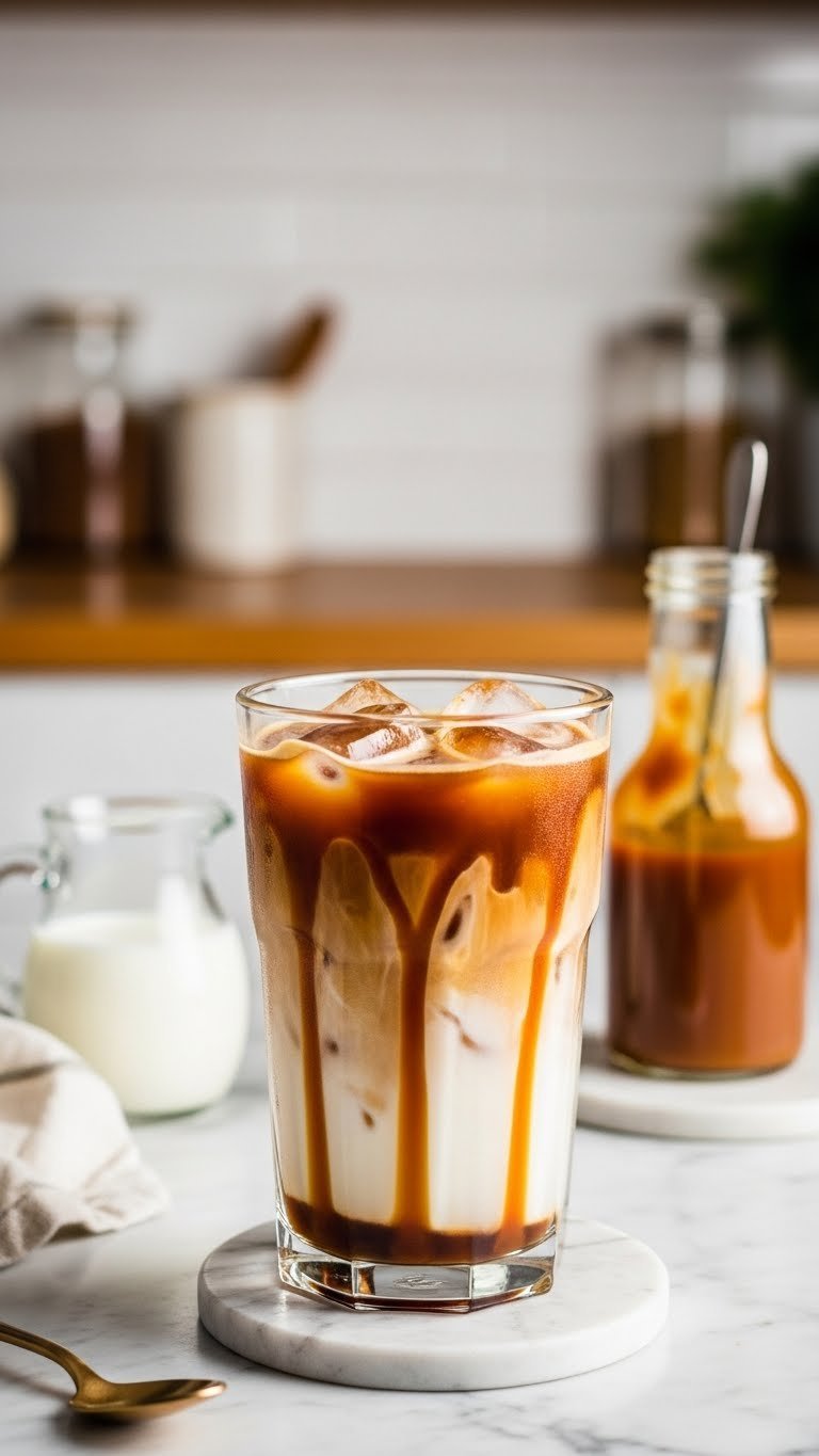 Decadent caramel drizzle cold brew in tall glass with layered coffee, milk, and golden caramel sauce on marble countertop