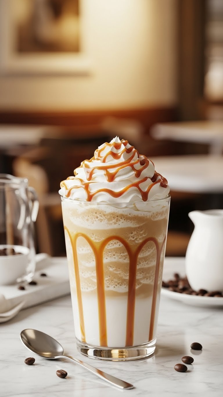 Decadent caramel frappe topped with whipped cream and drizzle in clear glass on marble countertop with elegant spoon.