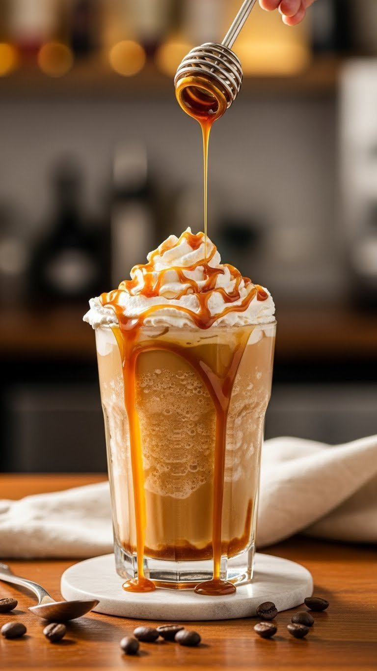 Decadent caramel frozen coffee with syrup drizzle and whipped cream mountain on polished wooden bar top in cafe ambiance