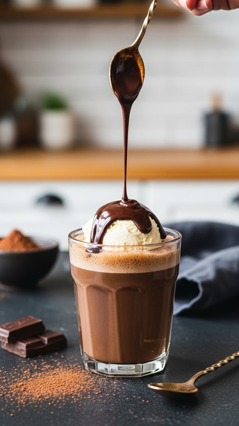 Decadent chocolate keto coffee syrup cascading over sugar-free ice cream with cocoa powder on dark stone surface