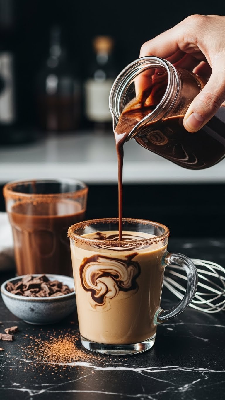 Decadent chocolate mocha keto coffee creamer swirling into coffee mug with cocoa powder dusting on dark marble